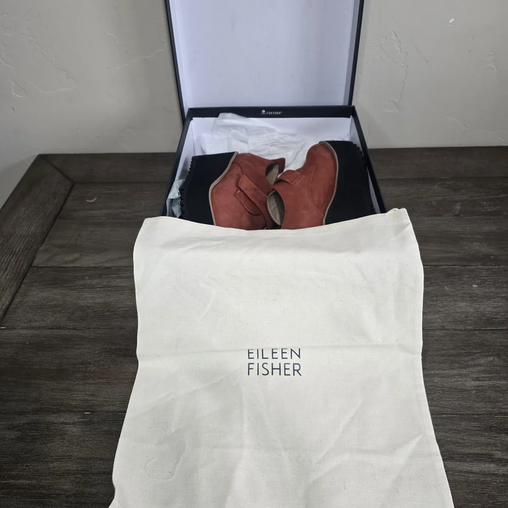 New Eileen Fisher Zola Platform Wedge Booties Clog Rust Suede 7.5 Boho Chunky